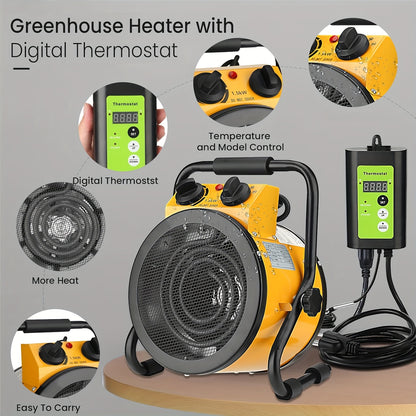 Greenhouse Heater With Digtal Thermostat, Electric Space Heaters For Grow Tent, Fast Heating, Overheat Protection, Portable Heater For Green House, Flower Room, Patio, Yellow