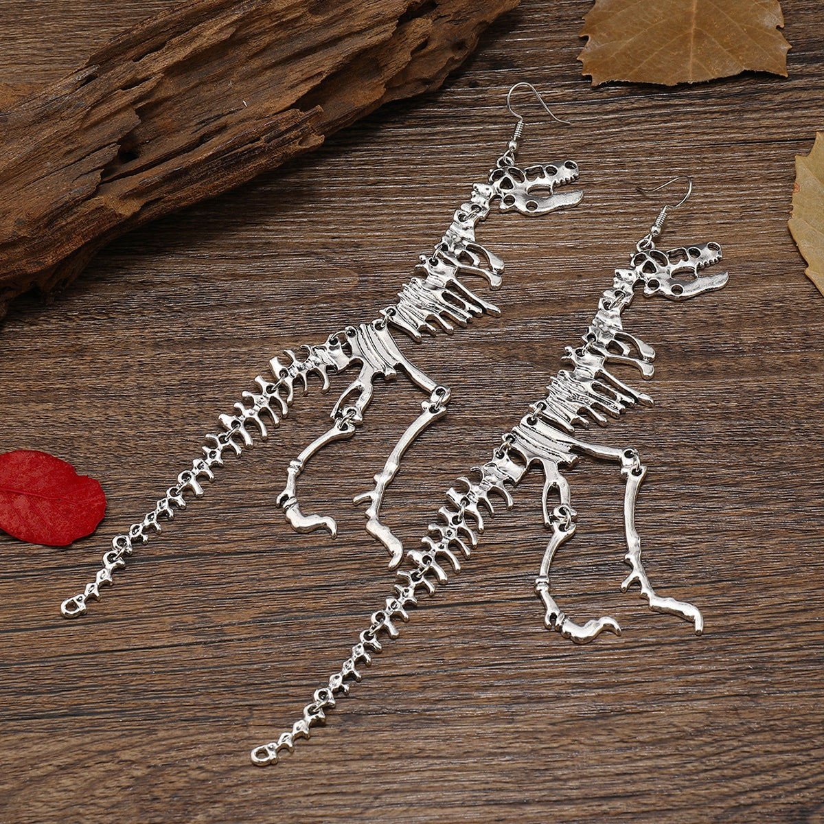 Unique Dinosaur Skeleton Drop Earrings - Vintage-Inspired, Golden Ancient Silver Color, Creative Design, Dangle Earrings for Women, Statement Jewelry, Fashion Accessories