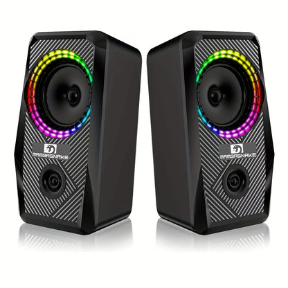 PC Computer Speakers, Wired Mini RGB Gaming Speakers For PC 2.0 USB Powered 3.5 Mm AUX, 6 RGB LED Backlit Modes Light Up, Multimedia Stereo For Desktop Laptop Phone Monitor, 10W