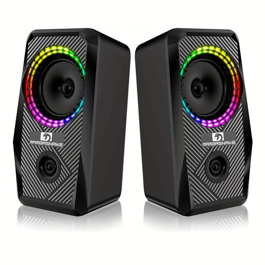 PC Computer Speakers, Wired Mini RGB Gaming Speakers For PC 2.0 USB Powered 3.5 Mm AUX, 6 RGB LED Backlit Modes Light Up, Multimedia Stereo For Desktop Laptop Phone Monitor, 10W