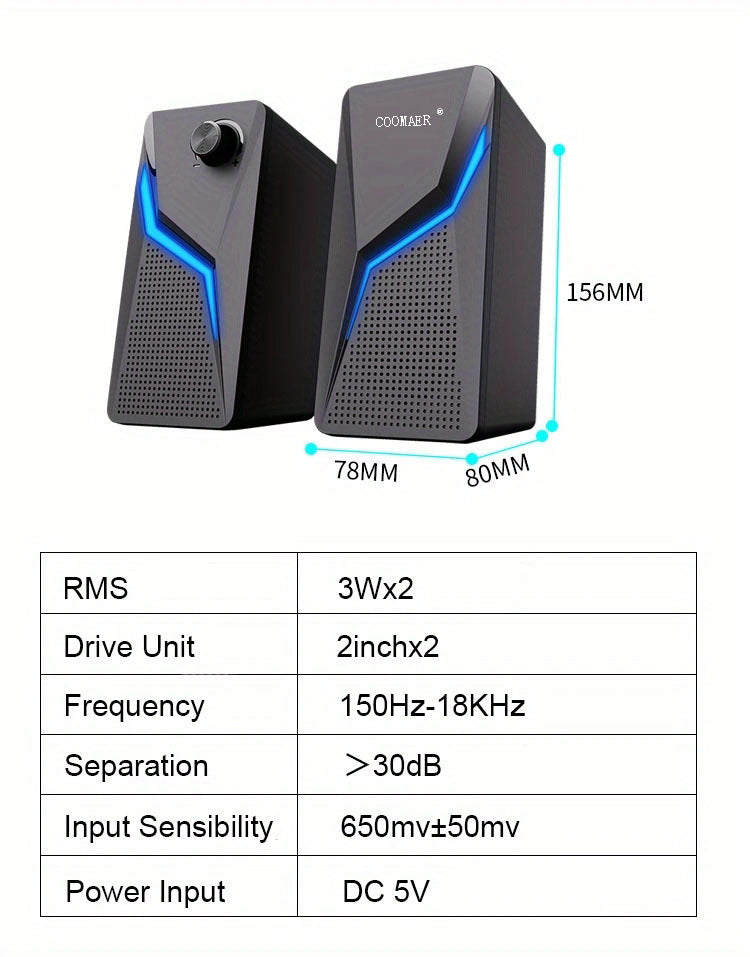 RGB Desktop Speakers, 2.0CH Stereo PC Computer Gaming Speakers 6W Multimedia Monitor Speakers, Volume Control, USB Powered with 3.5mm Cable