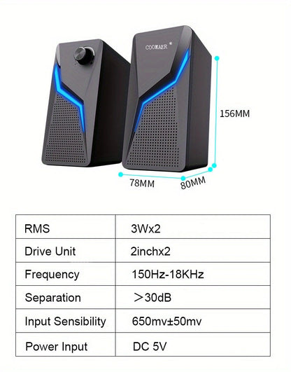RGB Desktop Speakers, 2.0CH Stereo PC Computer Gaming Speakers 6W Multimedia Monitor Speakers, Volume Control, USB Powered with 3.5mm Cable
