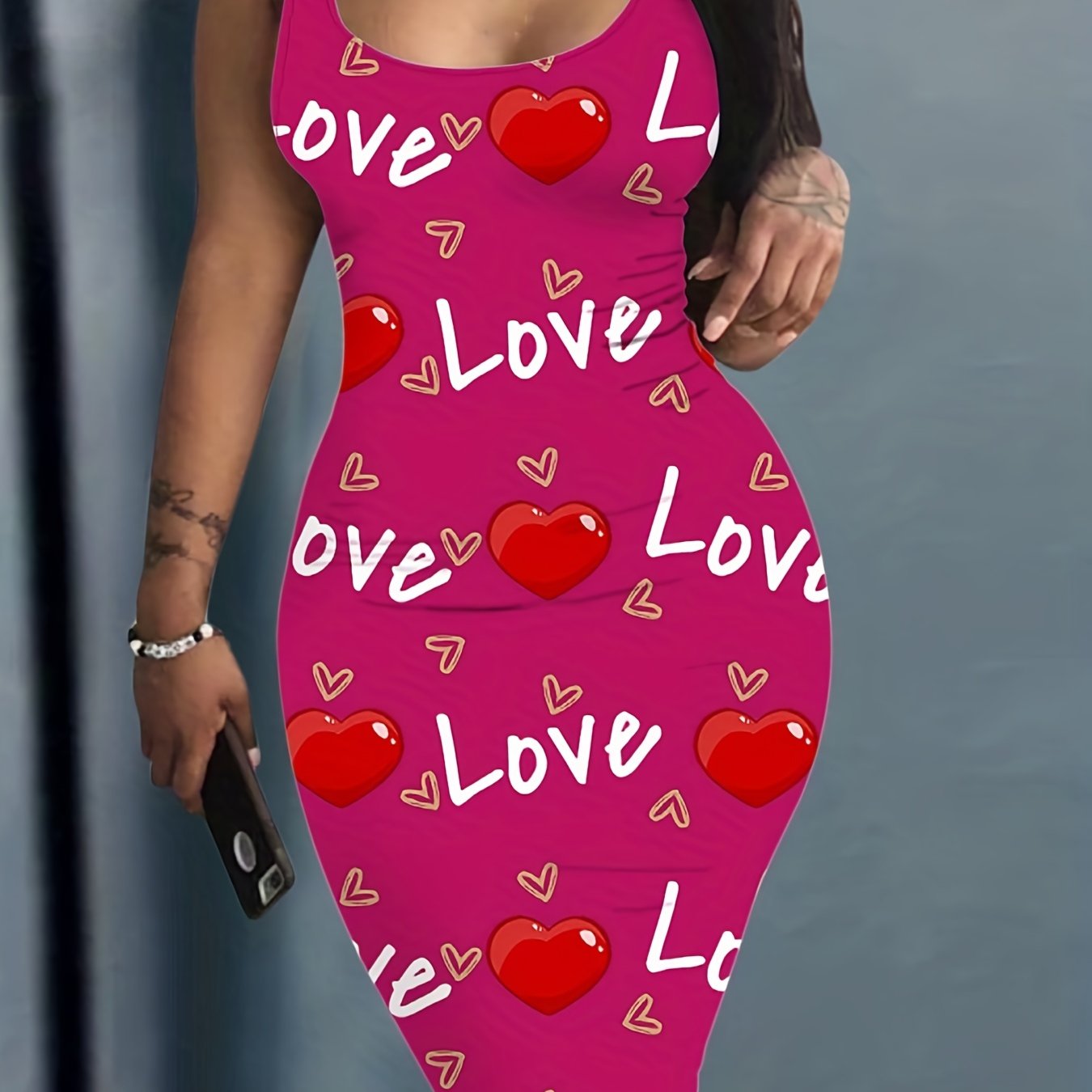 Heart & Letter Printed Tank Dress - Casual Sleeveless U Neck Design - Slim Fit & Flattering - Ideal Summer Womens Clothing