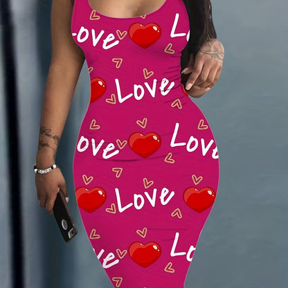 Heart & Letter Printed Tank Dress - Casual Sleeveless U Neck Design - Slim Fit & Flattering - Ideal Summer Womens Clothing