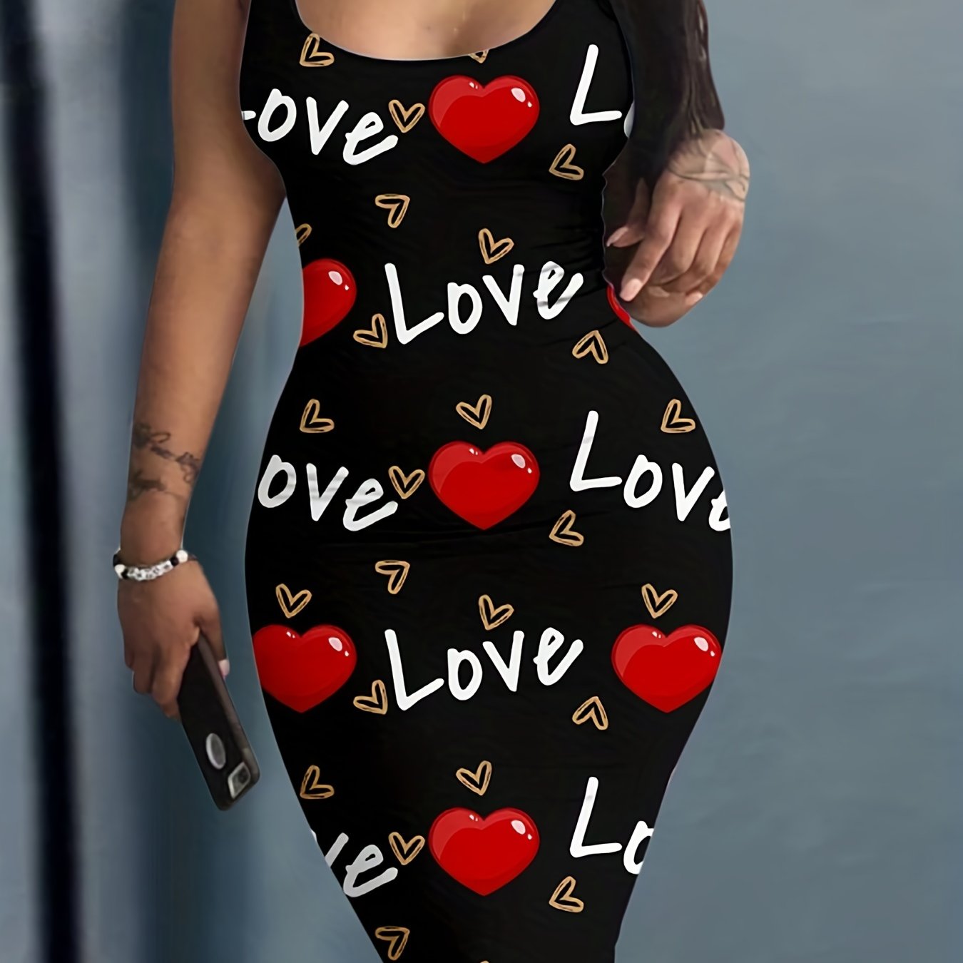 Heart & Letter Printed Tank Dress - Casual Sleeveless U Neck Design - Slim Fit & Flattering - Ideal Summer Womens Clothing