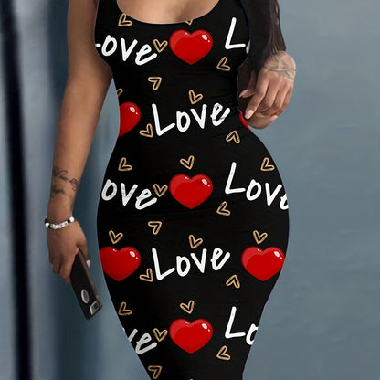 Heart & Letter Printed Tank Dress - Casual Sleeveless U Neck Design - Slim Fit & Flattering - Ideal Summer Womens Clothing