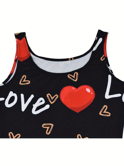 Heart & Letter Printed Tank Dress - Casual Sleeveless U Neck Design - Slim Fit & Flattering - Ideal Summer Womens Clothing