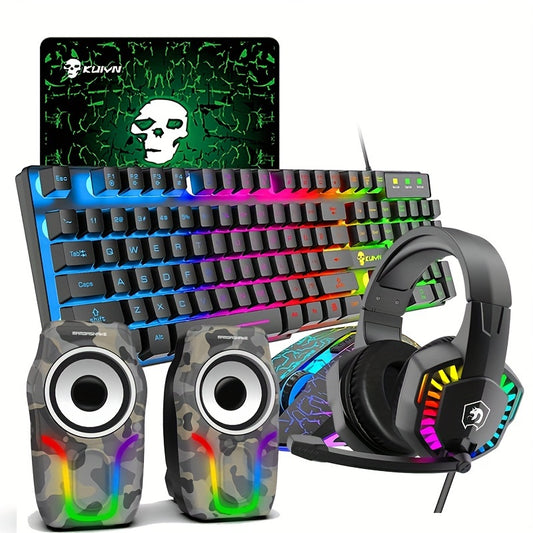 Rainbow LED Illuminated Gaming Keyboard Set - Keyboard & Mouse Combos with 104 Keys, 2400DPI 6-Button Optical Mouse, and 3.5mm Wired Headset with Mic, Plus RGB Computer Speaker for PS4, Xbox, PC, and Laptop