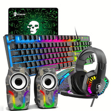 Load image into Gallery viewer, Rainbow LED Illuminated Gaming Keyboard Set - Keyboard &amp; Mouse Combos with 104 Keys, 2400DPI 6-Button Optical Mouse, and 3.5mm Wired Headset with Mic, Plus RGB Computer Speaker for PS4, Xbox, PC, and Laptop
