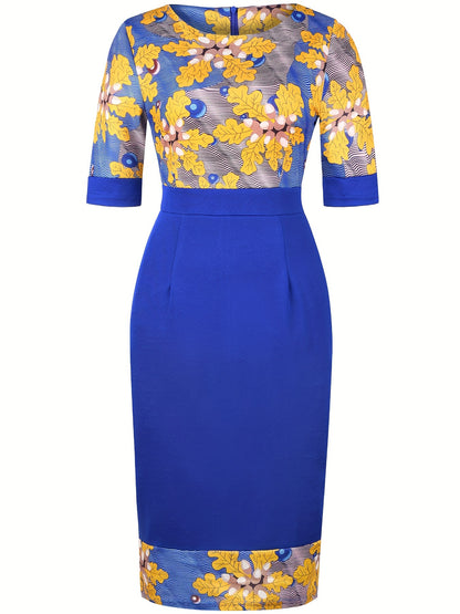 Chic Striped & Floral Print Bodycon Dress - Fashionable Figure-Hugging Style - Flattering Crew Neck & Short Sleeves - Perfect for Spring & Summer Wardrobe - Womens Clothing