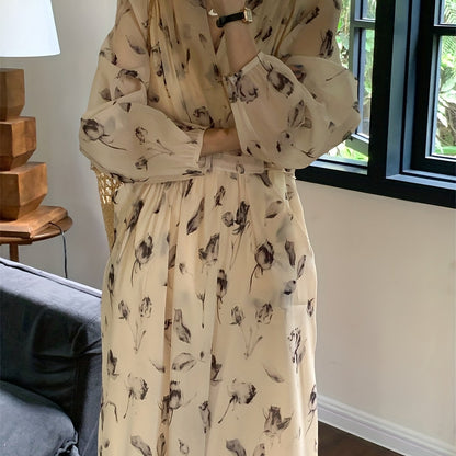 V-Neck Floral Print Chiffon Dress - Slim Waist, Long Sleeve, Elegant & Flowy - Fashion-Forward Womens Clothing for Any Season