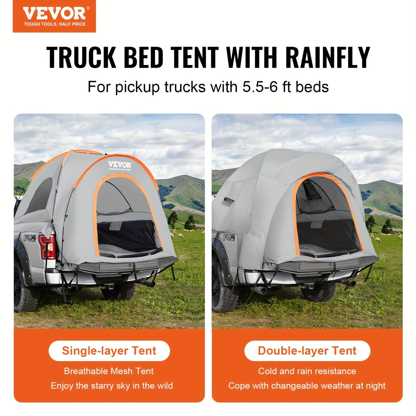 VEVOR Truck Bed Tent, Pickup Truck Tent With Rain Layer And Carry Bag, Waterproof Double Layer Truck Tent For Camping, Accommodate, For Camping Traveling Outdoor Activities