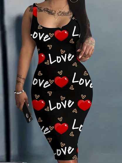 Heart & Letter Printed Tank Dress - Casual Sleeveless U Neck Design - Slim Fit & Flattering - Ideal Summer Womens Clothing
