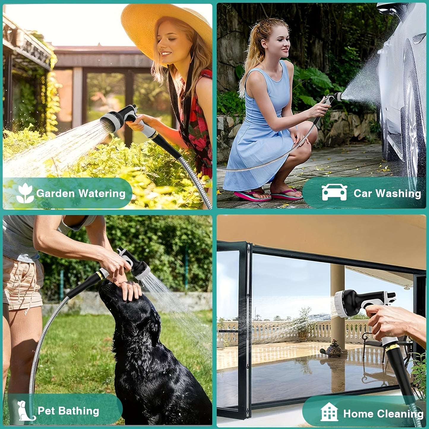 50ft Garden Hose Metal, Stainless Steel Water Hose Heavy Duty, with 10 Function Nozzle, 3/4" Universal Connectors, Flexible, Leak-Proof, Garden Hoses for Yard/Outdoors