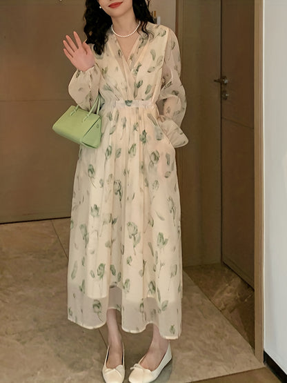 V-Neck Floral Print Chiffon Dress - Slim Waist, Long Sleeve, Elegant & Flowy - Fashion-Forward Womens Clothing for Any Season