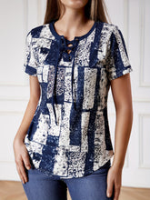 Load image into Gallery viewer, Vibrant Graphic Lace Up V Neck T-shirt - Short Sleeve, Adjustable Closure, Flattering Neckline, Perfect for Casual Summer Wear - Womens Clothing, Graphic Print Design, Ideal for Warm Weather
