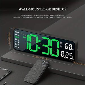 Large Screen Digital Wall Clock With Indoor Temperature Date Week Display, Desk Countdown Digital Timer, 13 Inch Nordic Simple Living Room 10-level Brightness Adjustment Auto Light Led Dual Alarm Clock With Remote Control (Bu