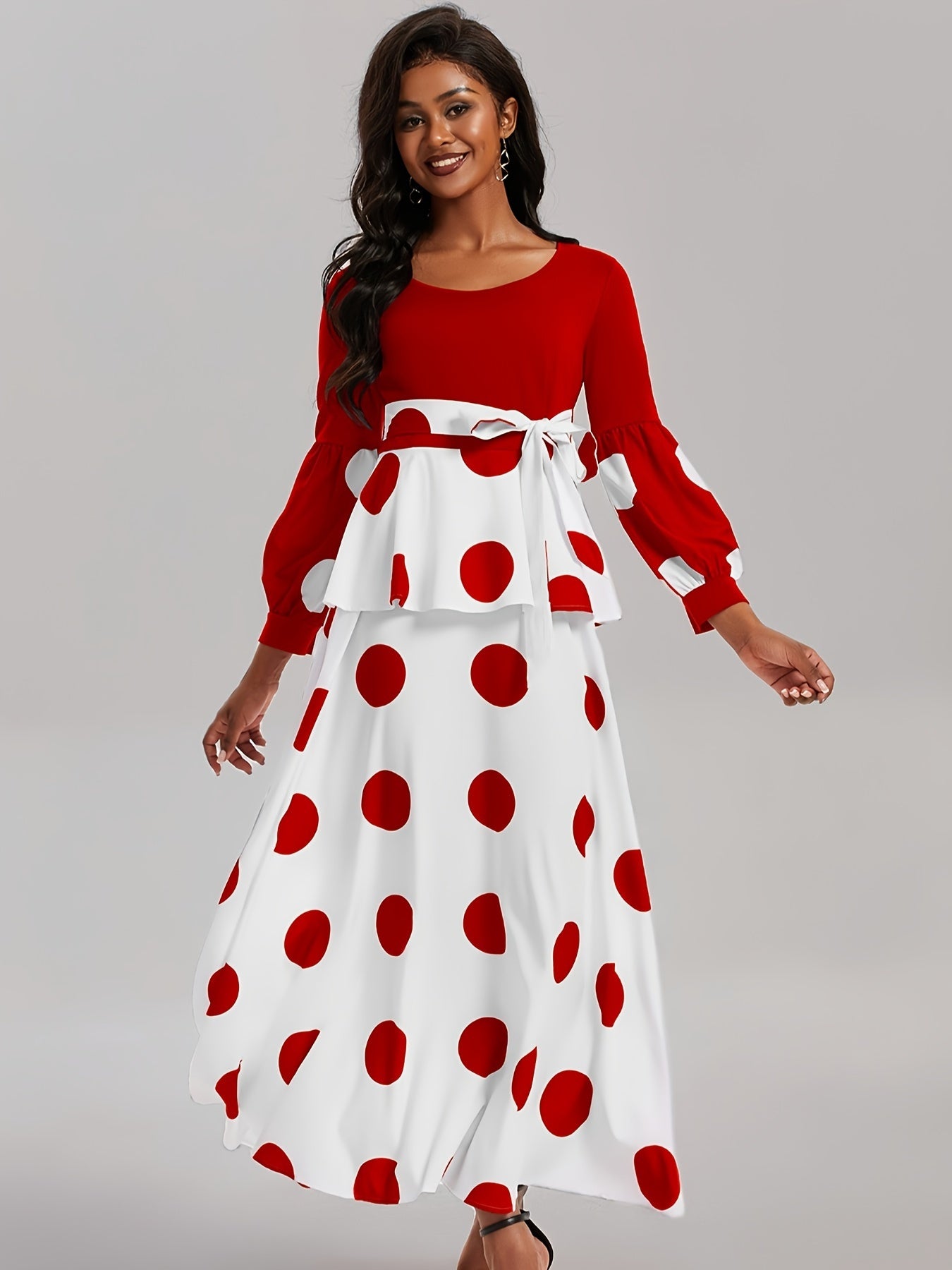 Vibrant Polka Dot V-Neck Long Sleeve Maxi Dress - Elegant High Tie Waist Flared Design, High Elasticity Polyester Fabric, Machine Washable, Random Printing, All-Season Wear, Knit Fabric, Womens Clothing for Adult