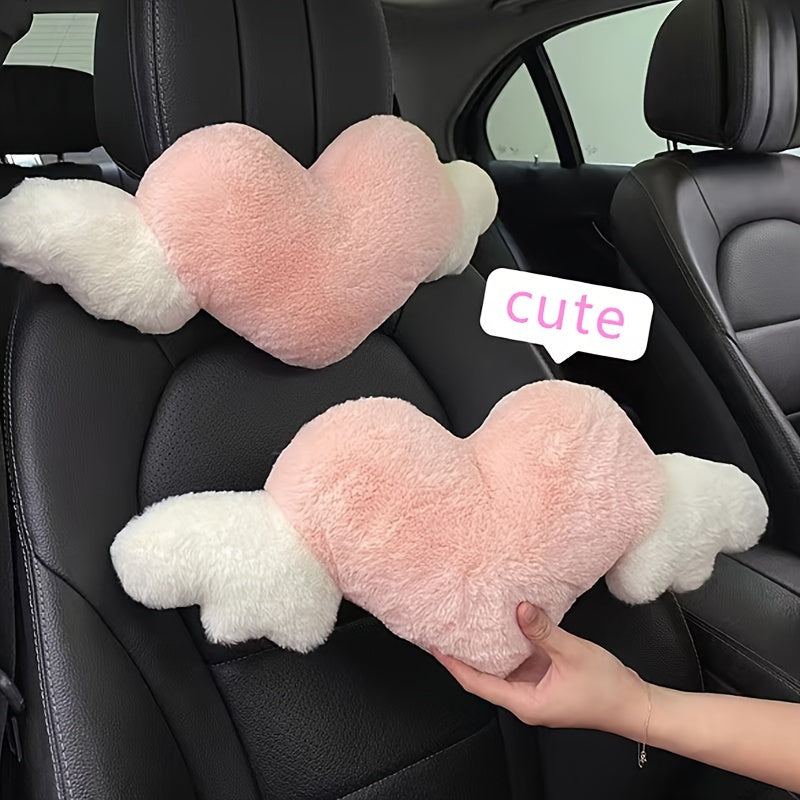 [2pcs Comfortable Heart-Shaped Pillows] 2pcs Plush Heart-Shaped Car Headrest Pillows with Angel Wings - Comfortable Neck Support Cushions for Car Seats - Fashionable Fabric Interior Car Accessories for Women