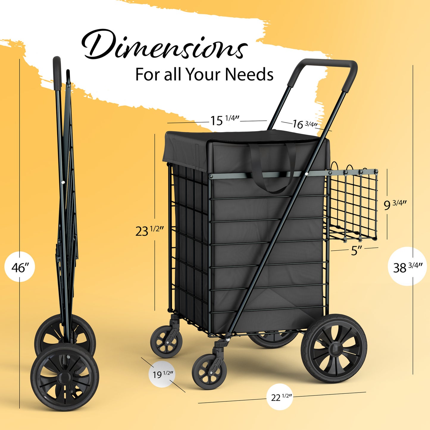 Extra Large Shopping Cart w/ 360 Swivel Wheels & Waterproof Basket Liner for Groceries, Shopping Laundry - Foldable Collapsible & Lightweight - Extra Large Heavy Duty Utility Cart
