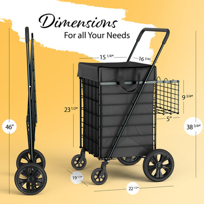 Extra Large Shopping Cart w/ 360 Swivel Wheels & Waterproof Basket Liner for Groceries, Shopping Laundry - Foldable Collapsible & Lightweight - Extra Large Heavy Duty Utility Cart