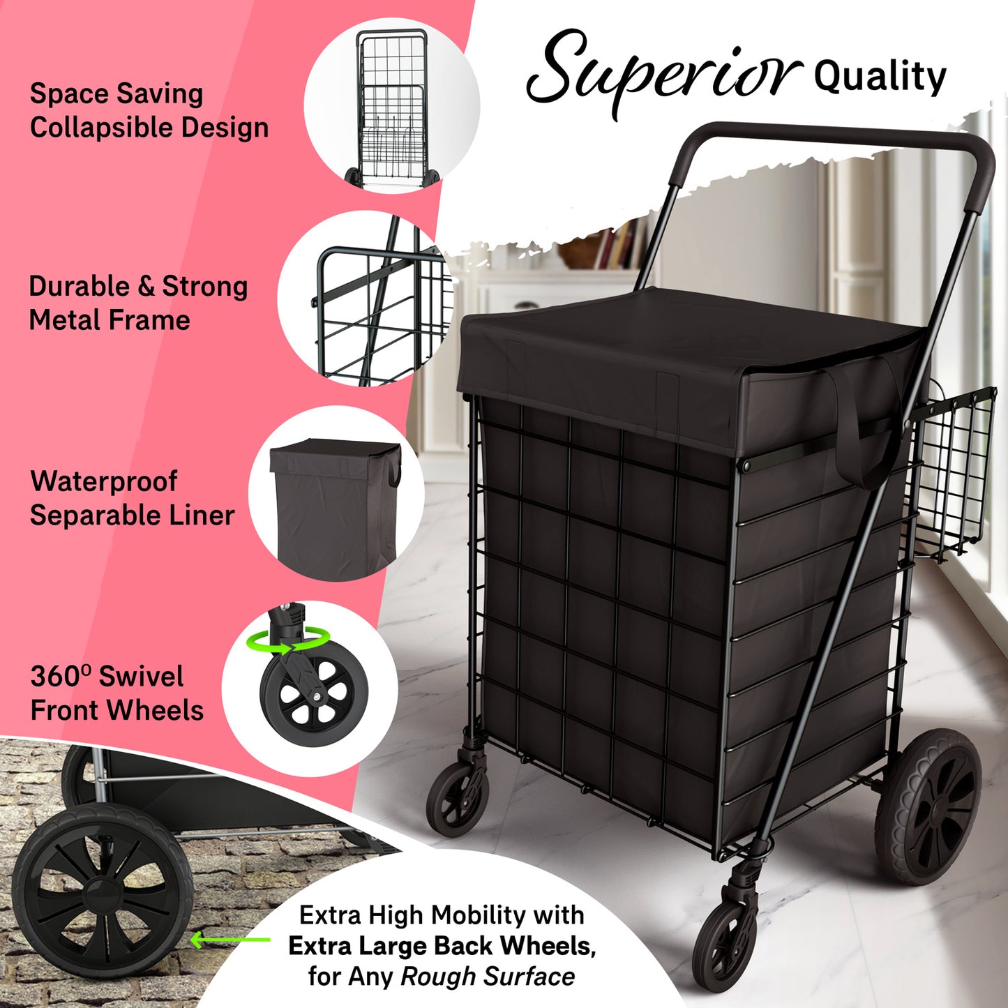 Extra Large Shopping Cart w/ 360 Swivel Wheels & Waterproof Basket Liner for Groceries, Shopping Laundry - Foldable Collapsible & Lightweight - Extra Large Heavy Duty Utility Cart
