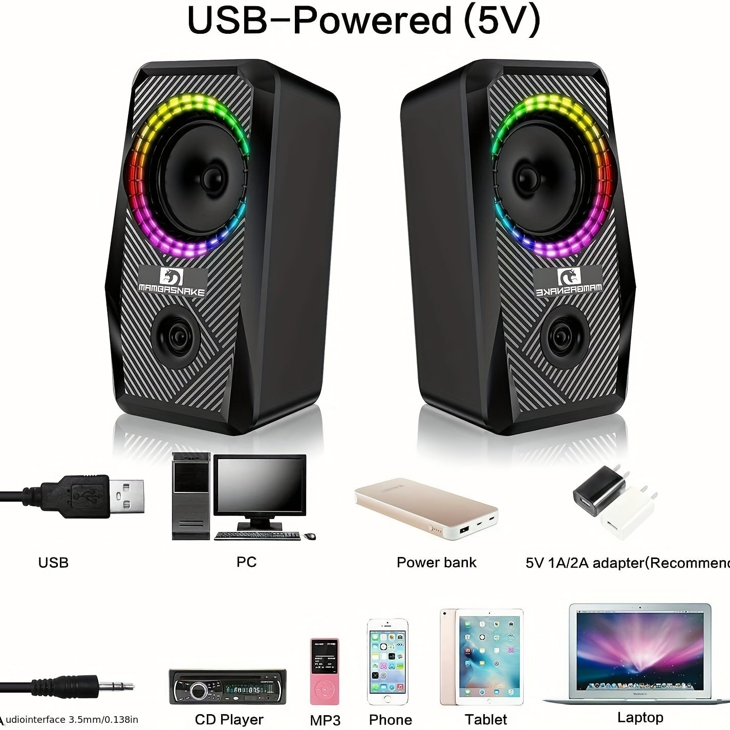 PC Computer Speakers, Wired Mini RGB Gaming Speakers For PC 2.0 USB Powered 3.5 Mm AUX, 6 RGB LED Backlit Modes Light Up, Multimedia Stereo For Desktop Laptop Phone Monitor, 10W