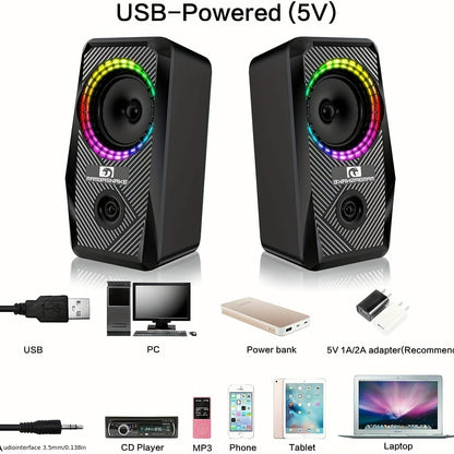 PC Computer Speakers, Wired Mini RGB Gaming Speakers For PC 2.0 USB Powered 3.5 Mm AUX, 6 RGB LED Backlit Modes Light Up, Multimedia Stereo For Desktop Laptop Phone Monitor, 10W
