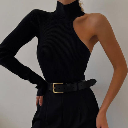 Chic Asymmetric One Shoulder Ribbed Knit Bodysuit - Long Sleeve, Sexy Style for Fall Winter - Form-Fitting, Versatile One Piece Womens Clothing