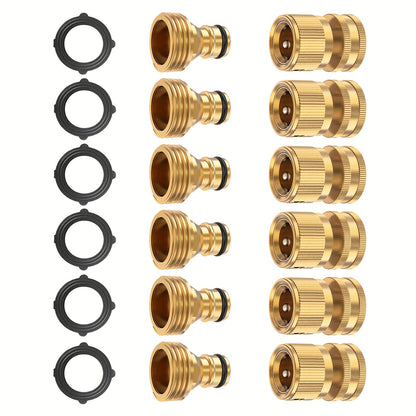 6 Sets, Garden Hose Quick Connector, Solid Brass 3/4 Inch GHT Thread Fitting No-Leak, Water Hose Female And Male Easy Connect
