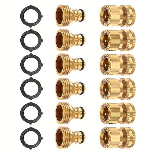 6 Sets, Garden Hose Quick Connector, Solid Brass 3/4 Inch GHT Thread Fitting No-Leak, Water Hose Female And Male Easy Connect