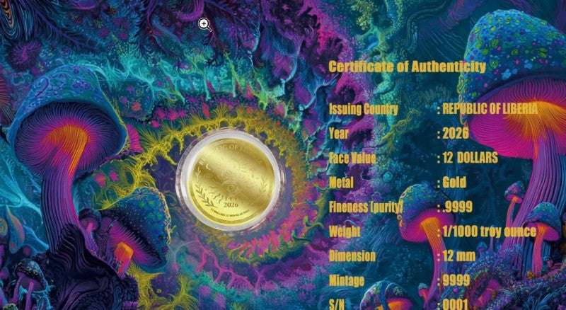 2026 Liberia Magic Mushroom 1/1000 oz .9999 Gold Coin in Card Assay