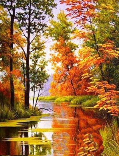 Full Square Drill 5D DIY Diamond Painting Fall Forest Scenery Creek Artwork Cross Stitch Needlework Wall Art Mosaic Ships from USA