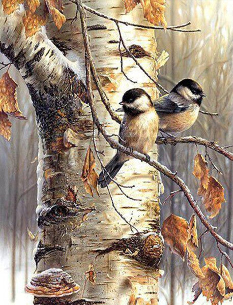 Chickadee Birch Tree Mosaic 5D Diamond Painting Cross Stitch Embroidery DIY Forest Art Project Wall Artwork
