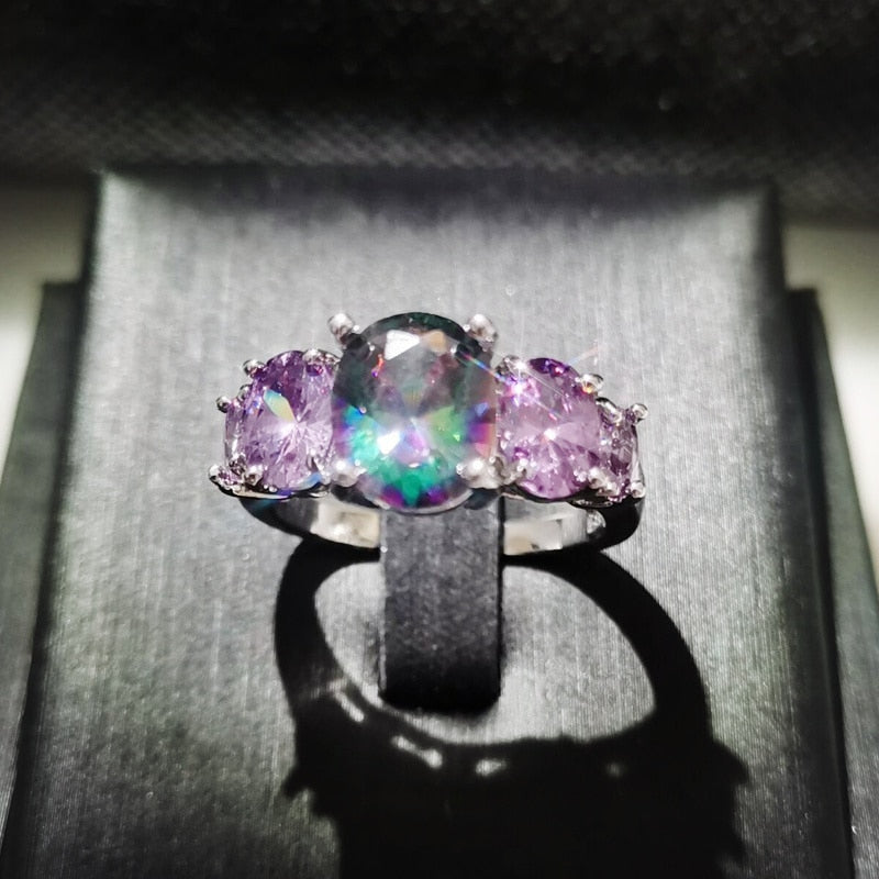 Luxurious Multi-Color Topaz Stone Ring Silver Plated Rainbow Color Fashion Jewelry Ring for Jewelry Fashion Woman Ring Gift