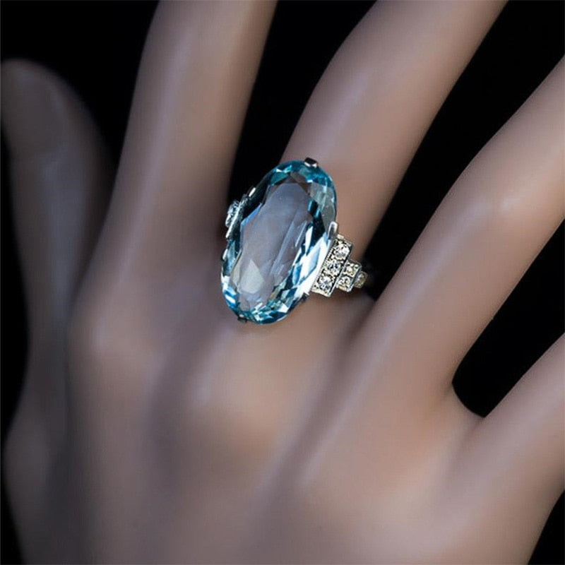 Light Sky Blue Female Wedding Ring Solitaire Band Oval Stone Engage Party Women Luxury Jewelry CZ Shine Great Gift