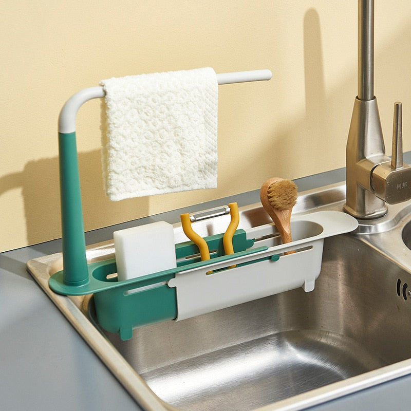 Kitchen Sink Shelf Telescopic Towel Holder Sinks Organizer Soap Sponge Holder Sink Drain Rack Storage Basket Kitchen Gadgets Accessories