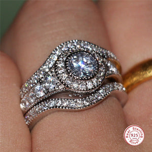3Pcs/Set 925 Sterling Sliver Luxury Round Cut AAA Zircon Crystal Ring For Women Wedding Female Rings Jewelry Set