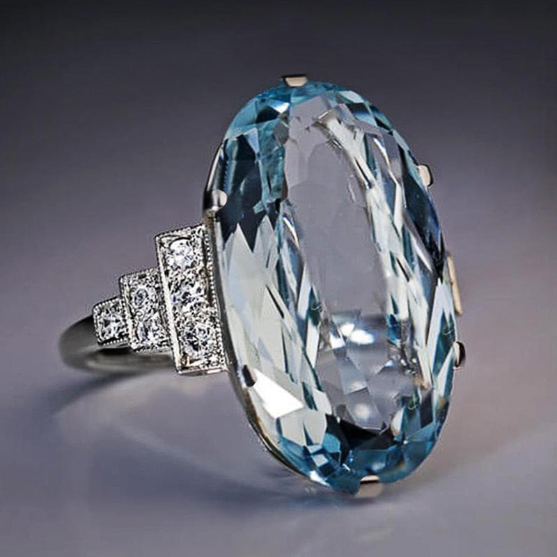Light Sky Blue Female Wedding Ring Solitaire Band Oval Stone Engage Party Women Luxury Jewelry CZ Shine Great Gift