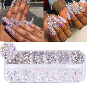 12 Cube Container Set of AB Crystal Rhinestone Diamond Gem Art 3D Nail Glitter Decoration Beauty Nail Art Design