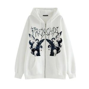 Vintage Angel Print Oversized Hoodies Female Zip Up Long Sleeve Women's Sweatshirt Aesthetic Autumn Gothic Grunge Streetwear