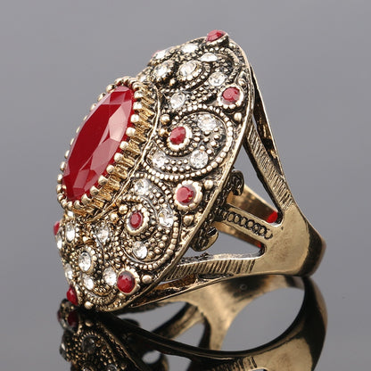 Vintage Indian Style Jewelry Boho Big Red Stone Ring Luxury Crystal Antique Look Gold Plated Diamond Wedding Rings For Women
