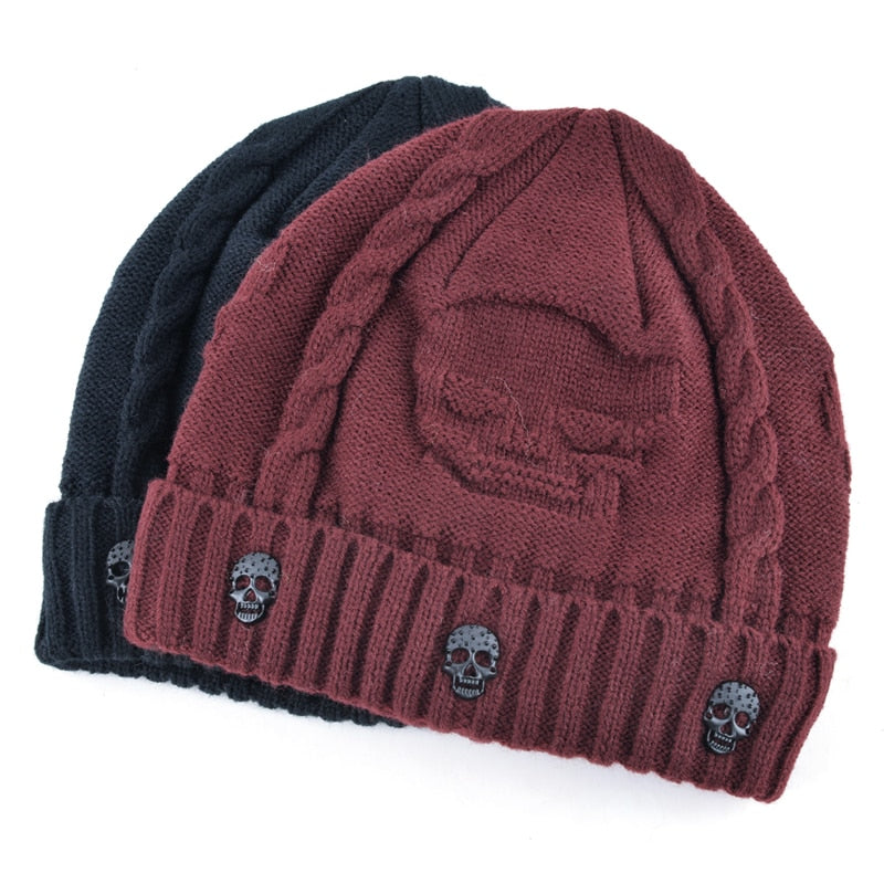 Cool Skull Emblem Hats for Men Women Teen Knitted Wool Beanies Plus Velvet Bone Solid Color Hip-Hop Cap Winter Hat Skull Pattern Cap