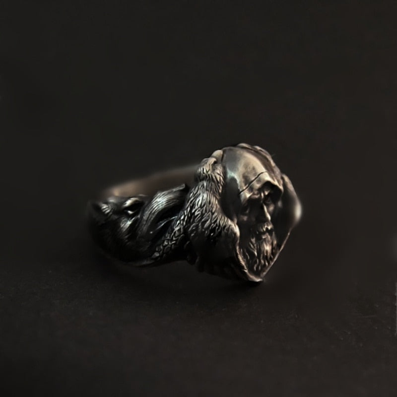Mens Viking Norse Mythology Odin Raven Wolf Ring Stainless Steel Scandinavian Amulet Ring Mens Jewelry