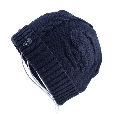 Cool Skull Emblem Hats for Men Women Teen Knitted Wool Beanies Plus Velvet Bone Solid Color Hip-Hop Cap Winter Hat Skull Pattern Cap