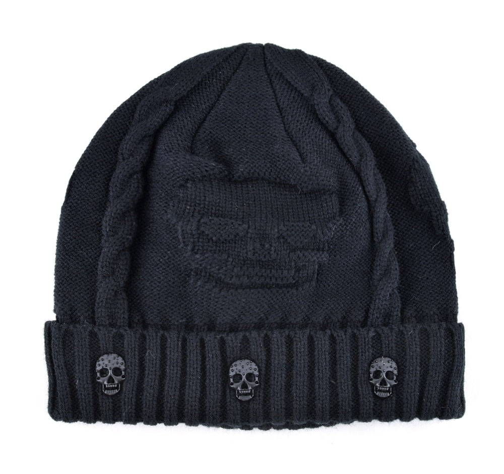 Cool Skull Emblem Hats for Men Women Teen Knitted Wool Beanies Plus Velvet Bone Solid Color Hip-Hop Cap Winter Hat Skull Pattern Cap