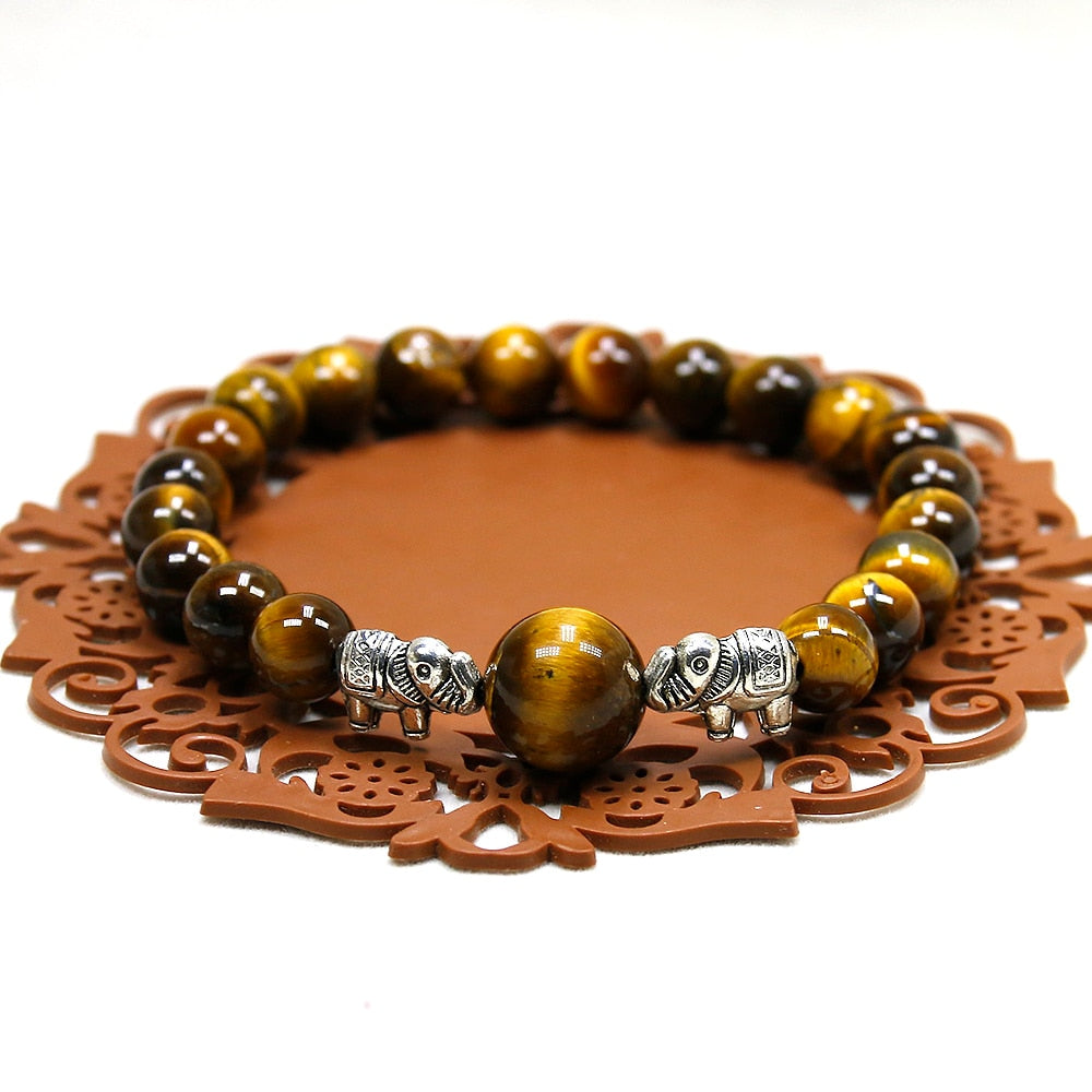 Plated Silver Elephant Charm Bracelet Men 8mm Natural Tiger Eye Stone Beads Bracelet Handmade Stretch Beaded Bracelets for Men Women
