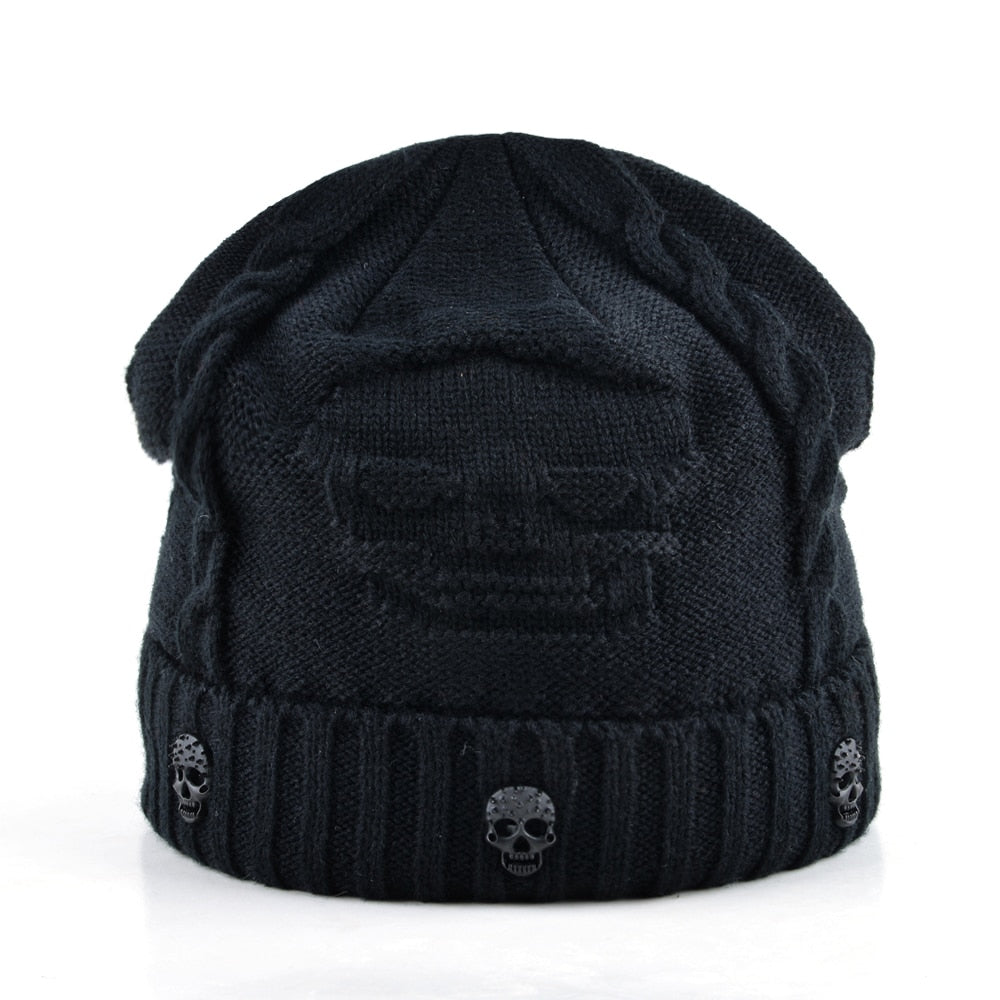 Cool Skull Emblem Hats for Men Women Teen Knitted Wool Beanies Plus Velvet Bone Solid Color Hip-Hop Cap Winter Hat Skull Pattern Cap