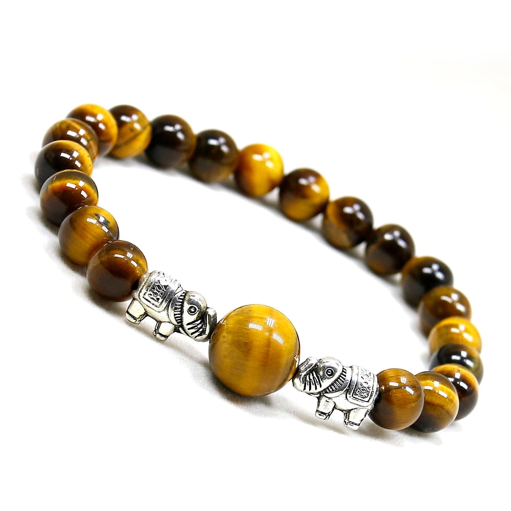 Plated Silver Elephant Charm Bracelet Men 8mm Natural Tiger Eye Stone Beads Bracelet Handmade Stretch Beaded Bracelets for Men Women