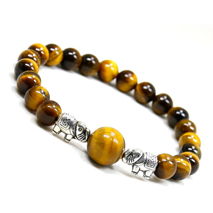 Plated Silver Elephant Charm Bracelet Men 8mm Natural Tiger Eye Stone Beads Bracelet Handmade Stretch Beaded Bracelets for Men Women